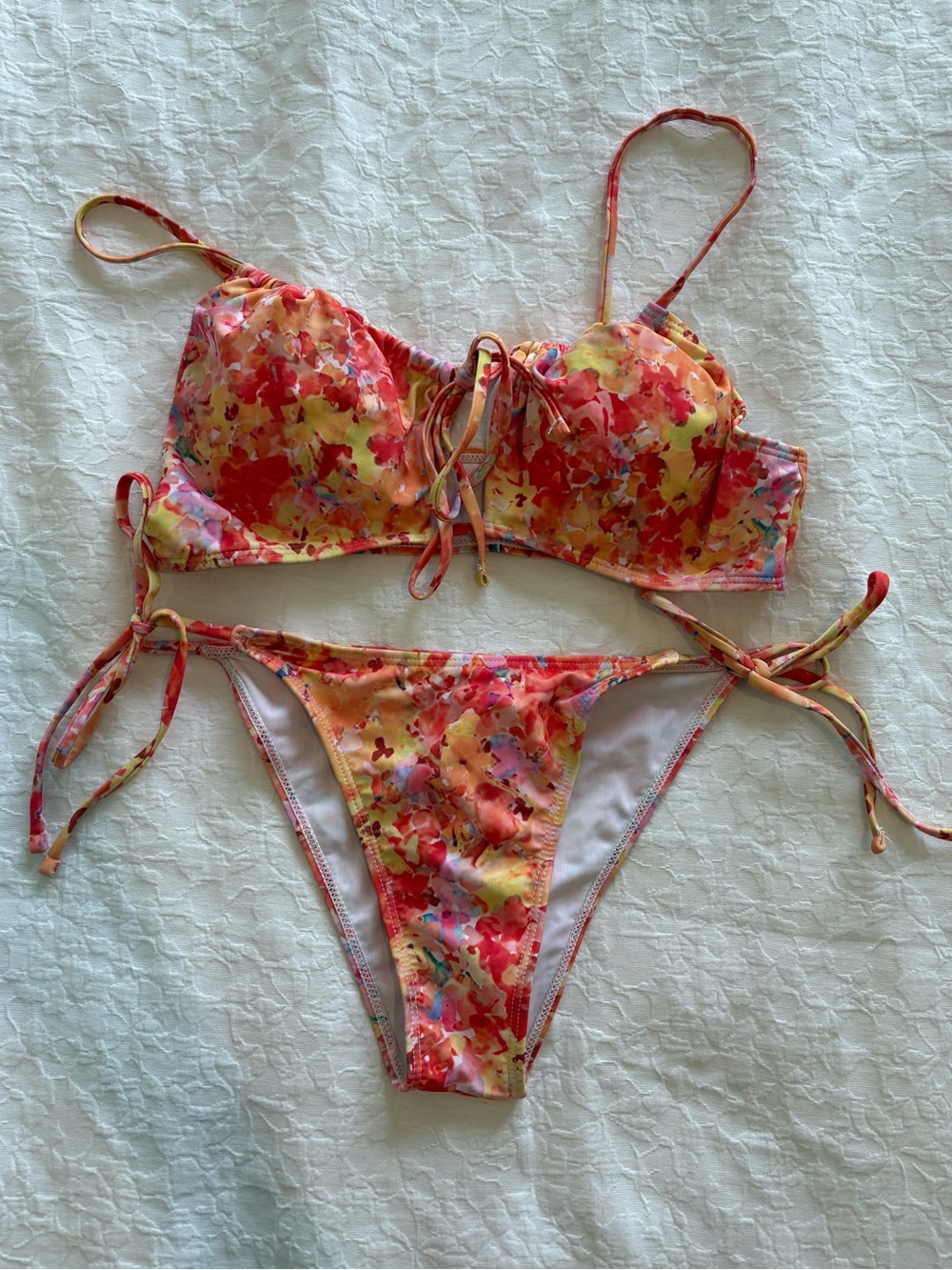 SHEIN Floral Tie-Shoulder Bikini in Red, Yellow, Pink
